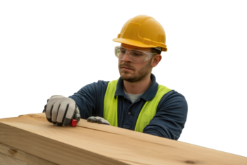 A focused construction worker in a hard hat and safety gear diligently marks a wooden beam with a red tool, showcasing carpentry skills. background removed