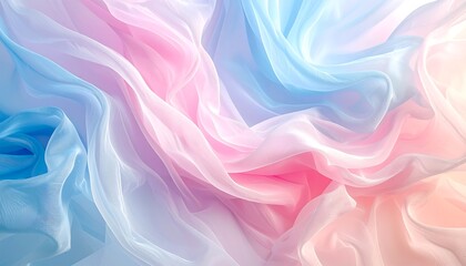 Flowing sheer fabric with gentle folds in soft pink, blue and peach tones with a diffused light