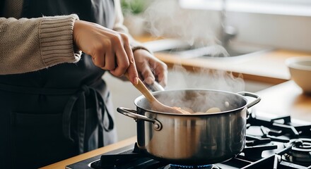 Cooking healthy food at home in a modern well equipped kitchen