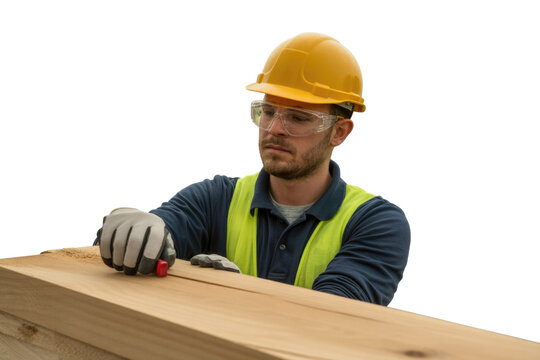 A focused construction worker in a hard hat and safety gear diligently marks a wooden beam with a red tool, showcasing carpentry skills. background removed