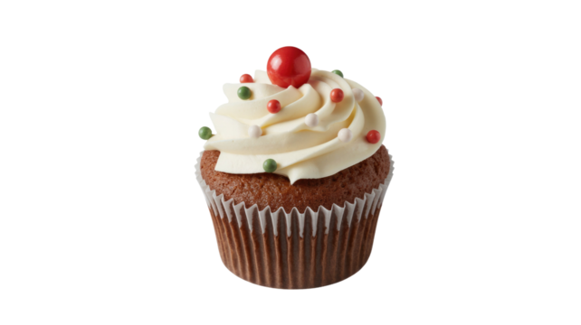 A festive chocolate cupcake with creamy white frosting, a large red candy, and colorful sprinkles, isolated on a transparent background. background removed