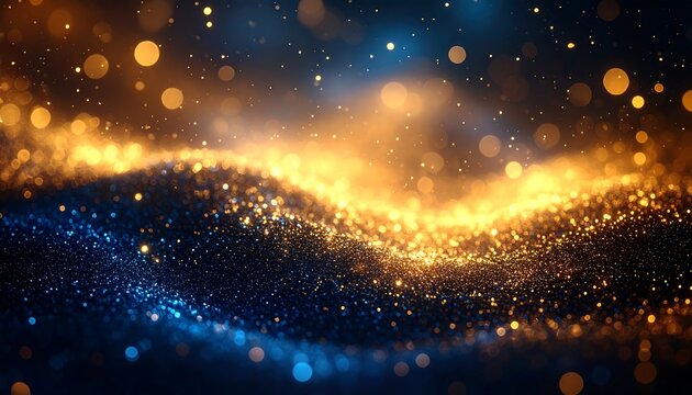 Flowing, shimmering particles of gold and blue create a dreamy, ethereal abstract landscape of light