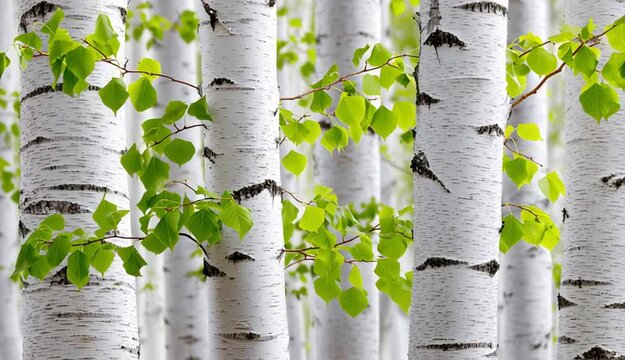 White birch tree trunks with characteristic black markings in vertical pattern, fresh spring green leaves on branches, bright natural forest scene, white bark texture with dark spots and horizontal 