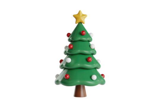A charming 3D rendered Christmas tree with a golden star and festive red and white baubles on a transparent background. background removed - Powered by Adobe