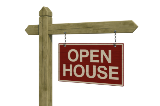 A rustic wooden sign prominently displays 'OPEN HOUSE' on a red panel, hanging from a post with an arrow, for real estate. background removed