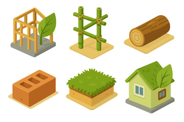 Eco-friendly building materials: bamboo, wood, brick, grass, sustainable housing icons