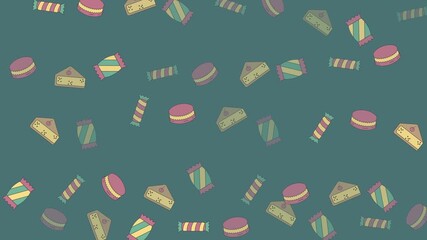 Sweets such as candies, cakes, and macarons are perfect for food blogs, dessert menus, bakery websites, or party invitations. Delicious treats in vibrant colors.