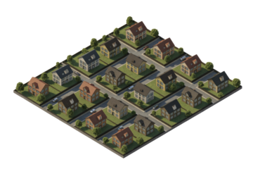 An isometric grid of colorful suburban houses with yards and roads, featuring parked cars, rendered against a solid transparent background. background removed