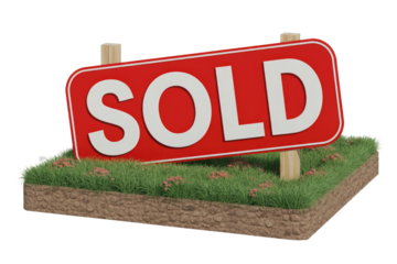 A red 'SOLD' sign, white letters, on wooden posts, set in grass with pink flowers, surrounded by a stone border. background removed