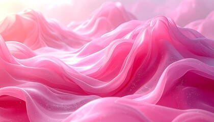 Flowing, translucent pink fabric waves create an abstract, dreamy landscape with soft lighting and gentle, organic forms