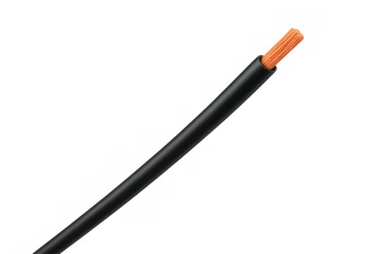Electrical cable with stripped black insulation revealing copper core, supplying power and electricity, transparent background composition