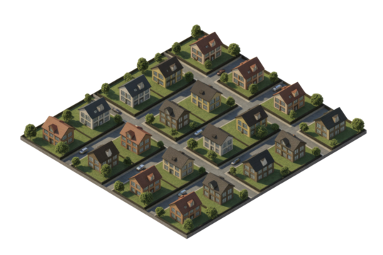 An isometric grid of colorful suburban houses with yards and roads, featuring parked cars, rendered against a solid transparent background. background removed