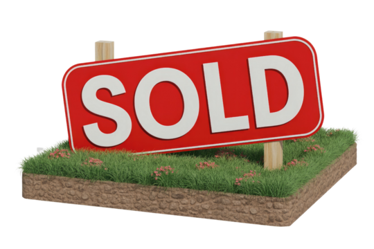 A red 'SOLD' sign, white letters, on wooden posts, set in grass with pink flowers, surrounded by a stone border. background removed - Powered by Adobe