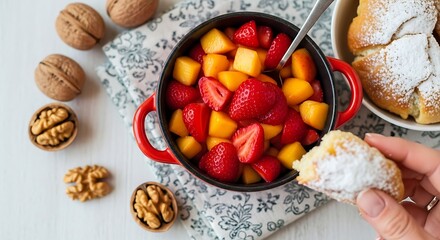Delicious fruit salad with strawberries mango and homemade baked buns dessert