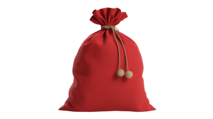 A vibrant red fabric Santa's sack, tied with a rope drawstring and two fuzzy pom-poms, ready for holiday gifts or delivery. background removed