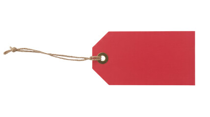 A blank red tag with a natural twine string and brass eyelet, perfect for pricing, gifts, or custom messages. background removed
