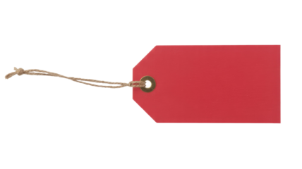 A blank red tag with a natural twine string and brass eyelet, perfect for pricing, gifts, or custom messages. background removed