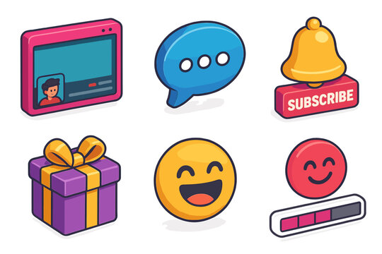 Social media icons: video, chat, subscribe, gift, emojis, progress bar