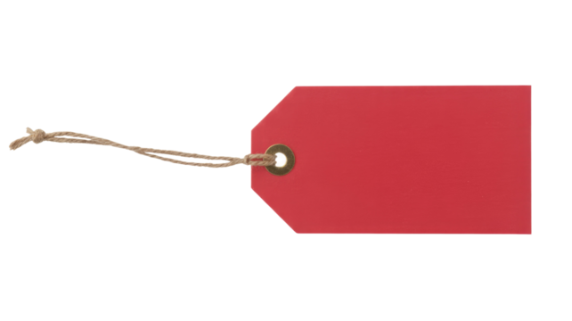A blank red tag with a natural twine string and brass eyelet, perfect for pricing, gifts, or custom messages. background removed