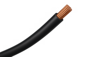 Electrical copper wire showing exposed strands and black insulation, providing power, connection, and energy on transparent background