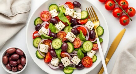 Delicious Greek salad with fresh vegetables and feta cheese closeup