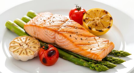 Delicious grilled salmon steak served with fresh vegetables and lemon