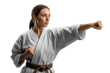 A focused woman in a karate gi with a brown belt executes a powerful punch, demonstrating martial arts skill and determination. background removed