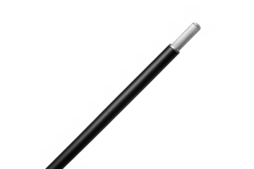 Electrical wires showing insulated black cable with exposed copper conductor for power transmission on transparent background