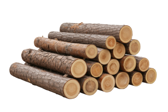 A neat stack of various debarked and bark-covered logs, showcasing their natural wood grain and textures, ready for timber use. background removed