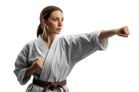 A focused woman in a karate gi with a brown belt executes a powerful punch, demonstrating martial arts skill and determination. background removed