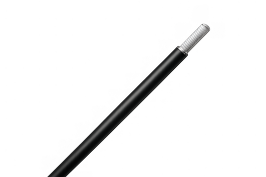 Electrical wires showing insulated black cable with exposed copper conductor for power transmission on transparent background