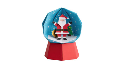 Papercraft Santa Claus in a blue snow globe-like display with a Christmas tree and gift sack on a red base. background removed