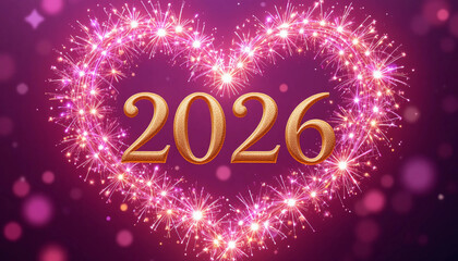 Romantic Happy New Year 2026: Pink Heart Fireworks Background