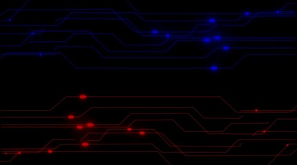 Obraz premium Red and Blue Circuit Board Lines with Glowing Nodes on Black Background technology digital