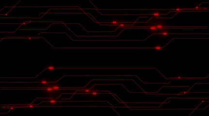 Red Circuit Board Lines and Glowing Dots on Black Background technology abstract