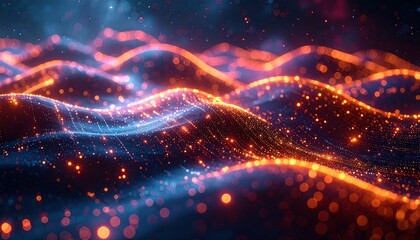 Flowing, wavy, abstract landscape with orange and blue glittering particles, like glowing data or electricity
