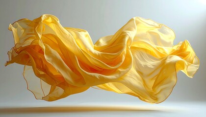 Flowing yellow fabric catches the light, billowing and airy against a soft, neutral gradient background