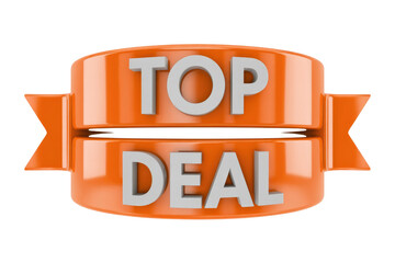 A vibrant 3D orange ribbon banner prominently displays "TOP DEAL" in bold white letters, ideal for promotions, sales, and special offers. background removed