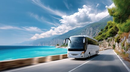 White tour bus driving scenic coastal road by ocean
