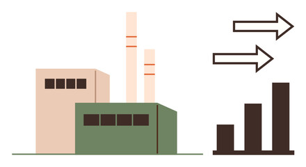 Obraz premium Industrial building with two chimneys next to bar chart and arrows representing growth, efficiency, progress, sustainability, production, business strategy, and success simple flat metaphor