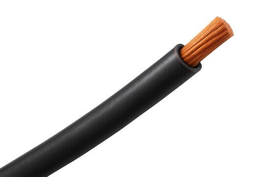 Copper electrical wire showing insulating jacket and conductive core for power, electronics, and construction. Transparent background