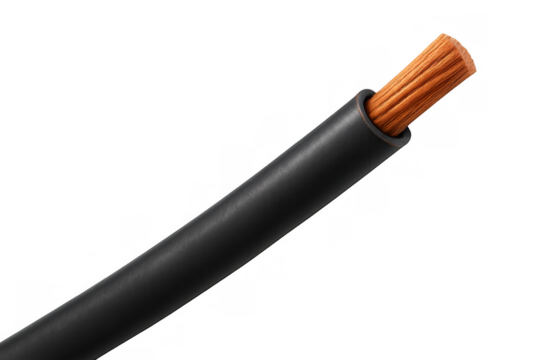 Copper electrical wire showing insulating jacket and conductive core for power, electronics, and construction. Transparent background