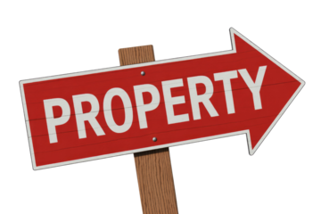 Red arrow sign with 'PROPERTY' in white, pointing right on a wooden post. Great for real estate, land, or directional indicators. background removed