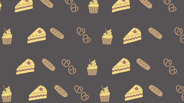 Pattern of cake bread pretzels and cupcakes on gray background, suitable for bakery marketing materials, social media posts, and food blogs.