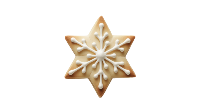 A delightful star-shaped cookie adorned with intricate white royal icing in a snowflake design, perfect for holiday season treats. background removed