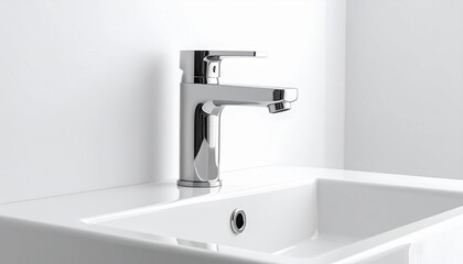 Modern Bathroom Faucet on White Sink Against White Tile Wall Under Bright Lighting