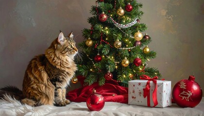 Fluffy cat sits near a decorated Christmas tree and presents against a warm-toned, mottled backdrop