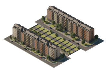 Isometric view of two parallel urban residential building complexes with roads, trees, and parking, rendered on a solid transparent background. background removed