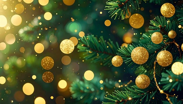 Festive evergreen branch close-up with bright, blurry golden bokeh lights and glittering gold ornaments - Powered by Adobe