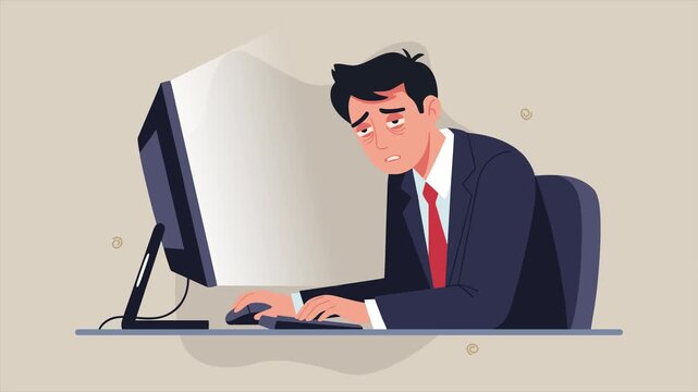 Animated flat vector illustration of employee burning out at computer with tired expression